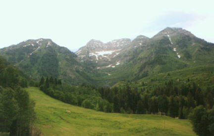 Looking west to the back side of Mount Timpanogos, with a ski slope in the foreg...